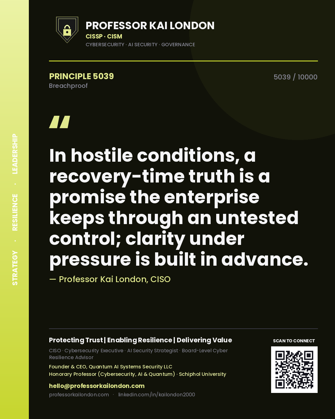 Quote card by Professor Kai London reading 'In hostile conditions, a recovery-time truth is a promise the enterprise keeps through an untested control; clarity under pressure is built in advance.'. From the book Breachproof.