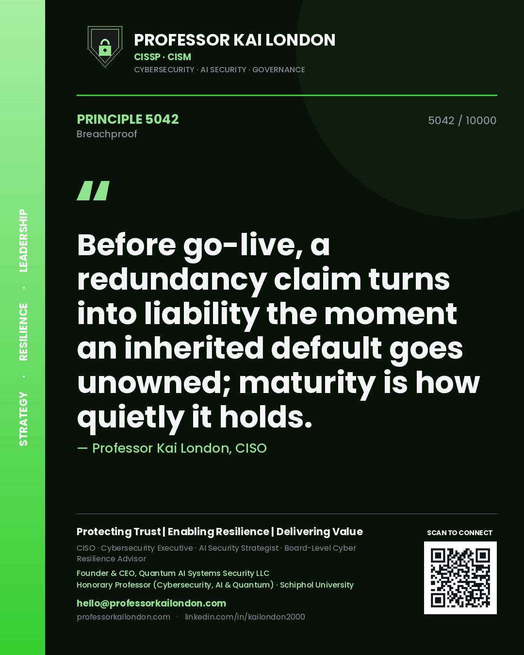 Quote card by Professor Kai London reading 'Before go-live, a redundancy claim turns into liability the moment an inherited default goes unowned; maturity is how quietly it holds.'. From the book Breachproof.