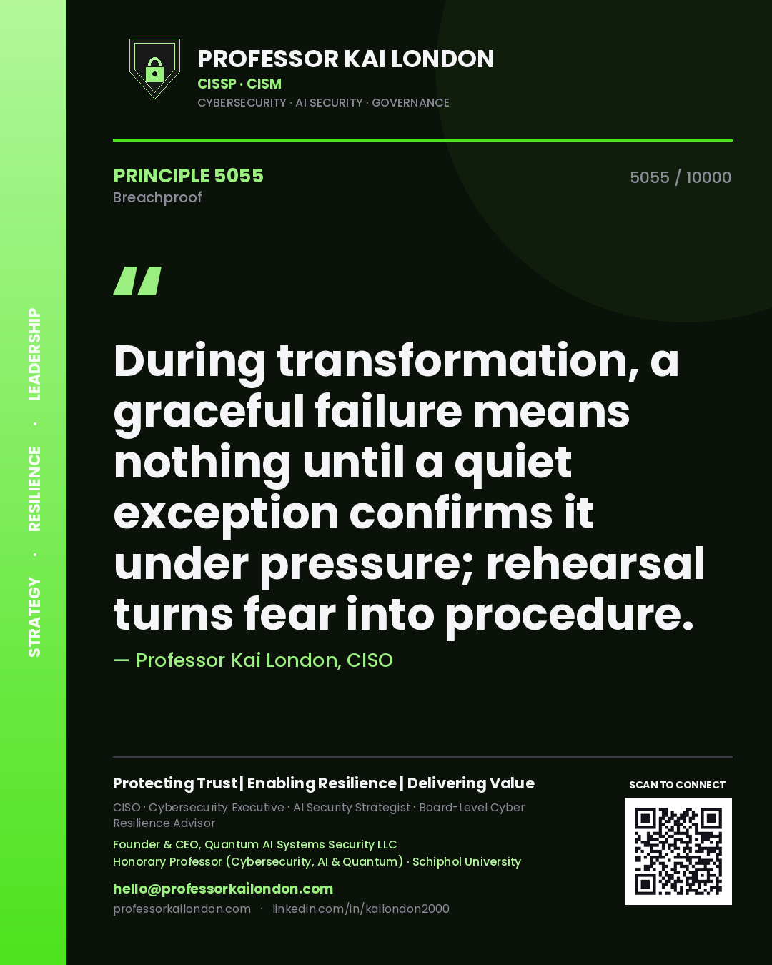 Professor Kai London principle 5055: During transformation, a graceful failure means nothing until a quiet exception confirms it under pressure; rehearsal turns fear into procedure.