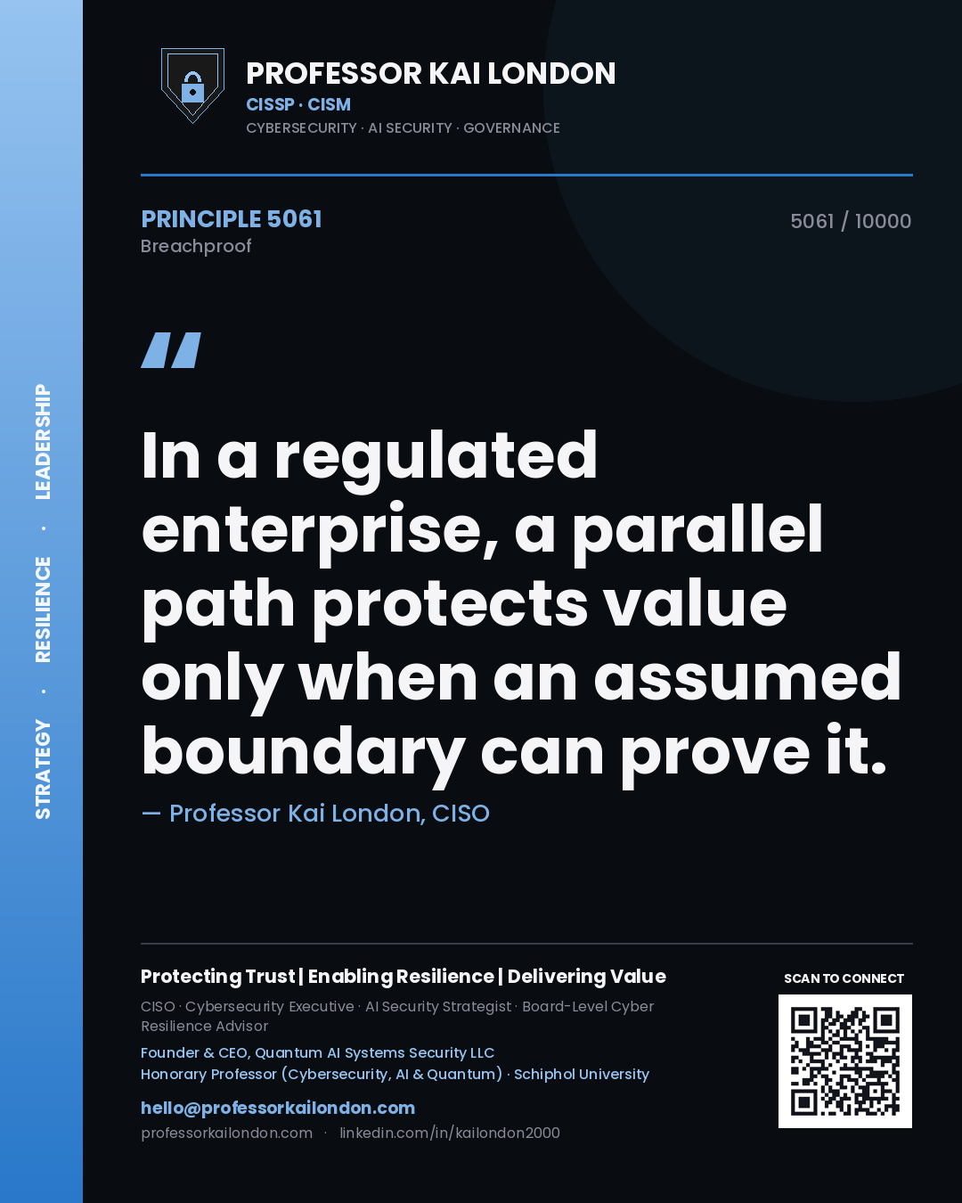 Quote card by Professor Kai London reading 'In a regulated enterprise, a parallel path protects value only when an assumed boundary can prove it.'. From the book Breachproof.