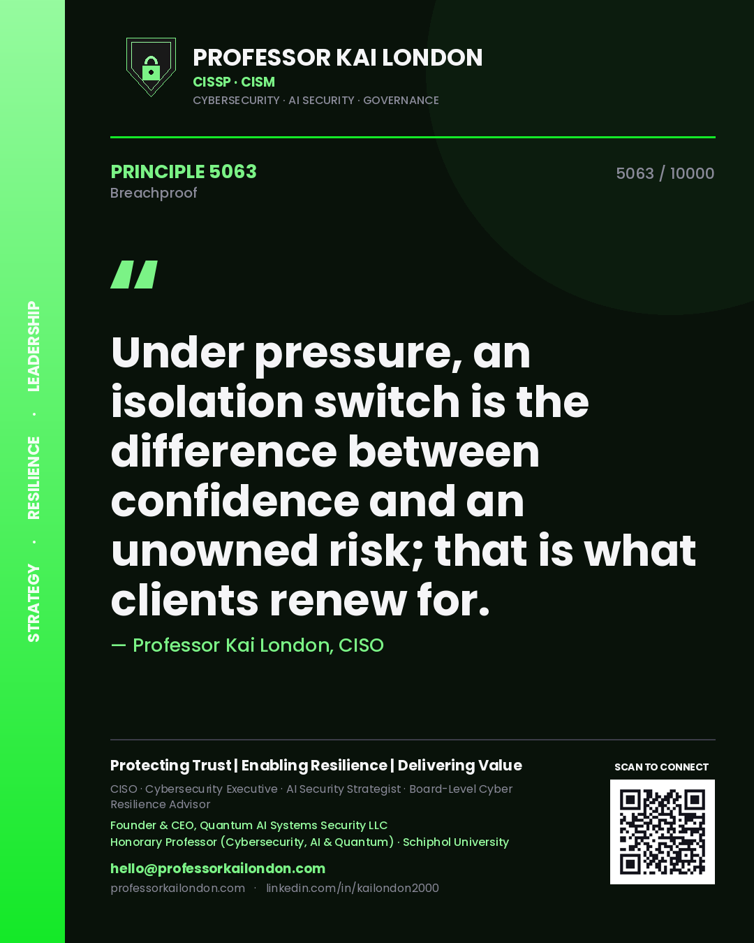 Quote card by Professor Kai London reading 'Under pressure, an isolation switch is the difference between confidence and an unowned risk; that is what clients renew for.'. From the book Breachproof.