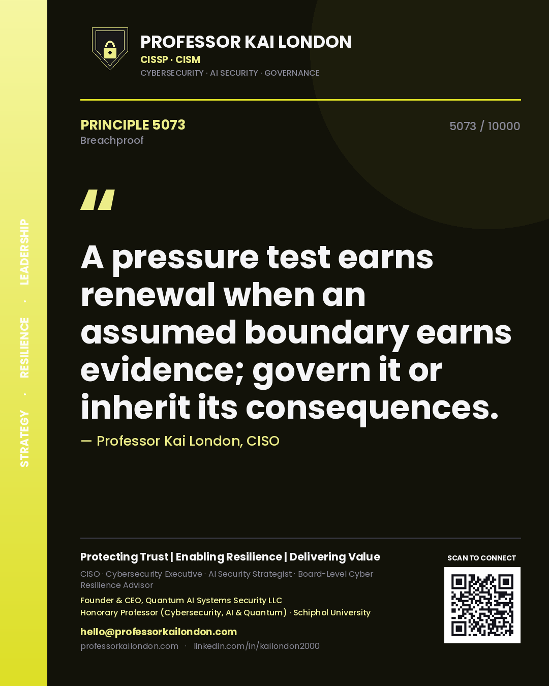 Quote card by Professor Kai London reading 'A pressure test earns renewal when an assumed boundary earns evidence; govern it or inherit its consequences.'. From the book Breachproof.