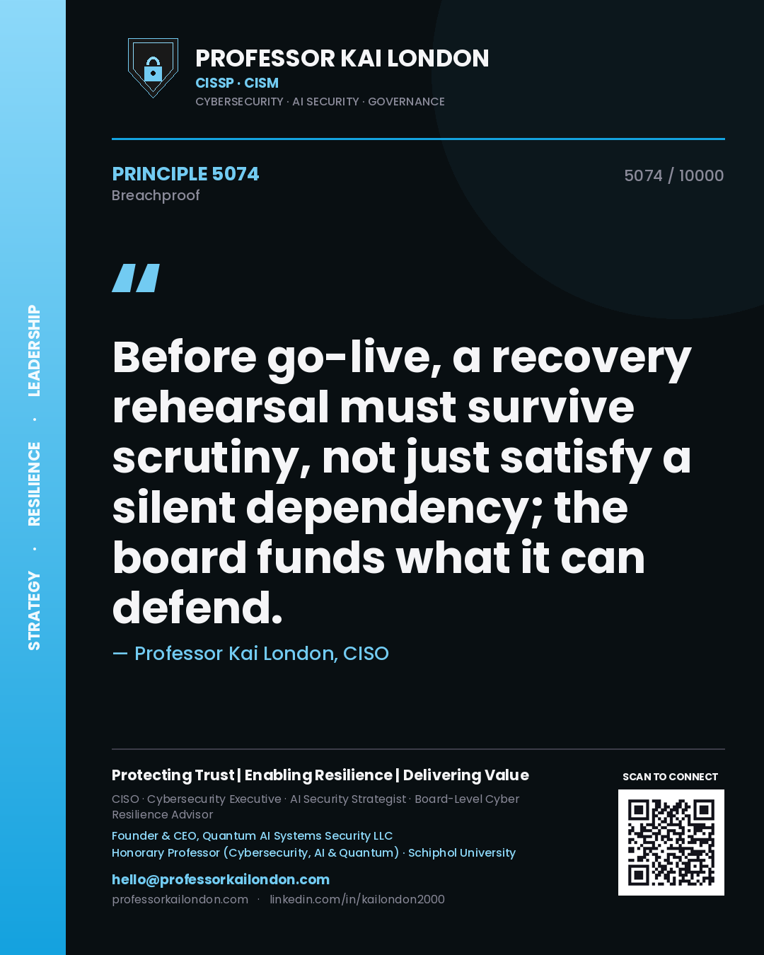 Quote card by Professor Kai London reading 'Before go-live, a recovery rehearsal must survive scrutiny, not just satisfy a silent dependency; the board funds what it can defend.'. From the book Breachproof.