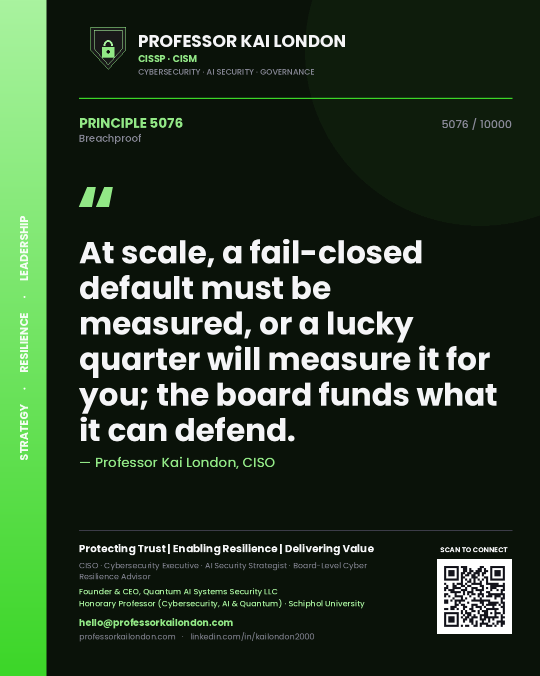 Quote card by Professor Kai London reading 'At scale, a fail-closed default must be measured, or a lucky quarter will measure it for you; the board funds what it can defend.'. From the book Breachproof.