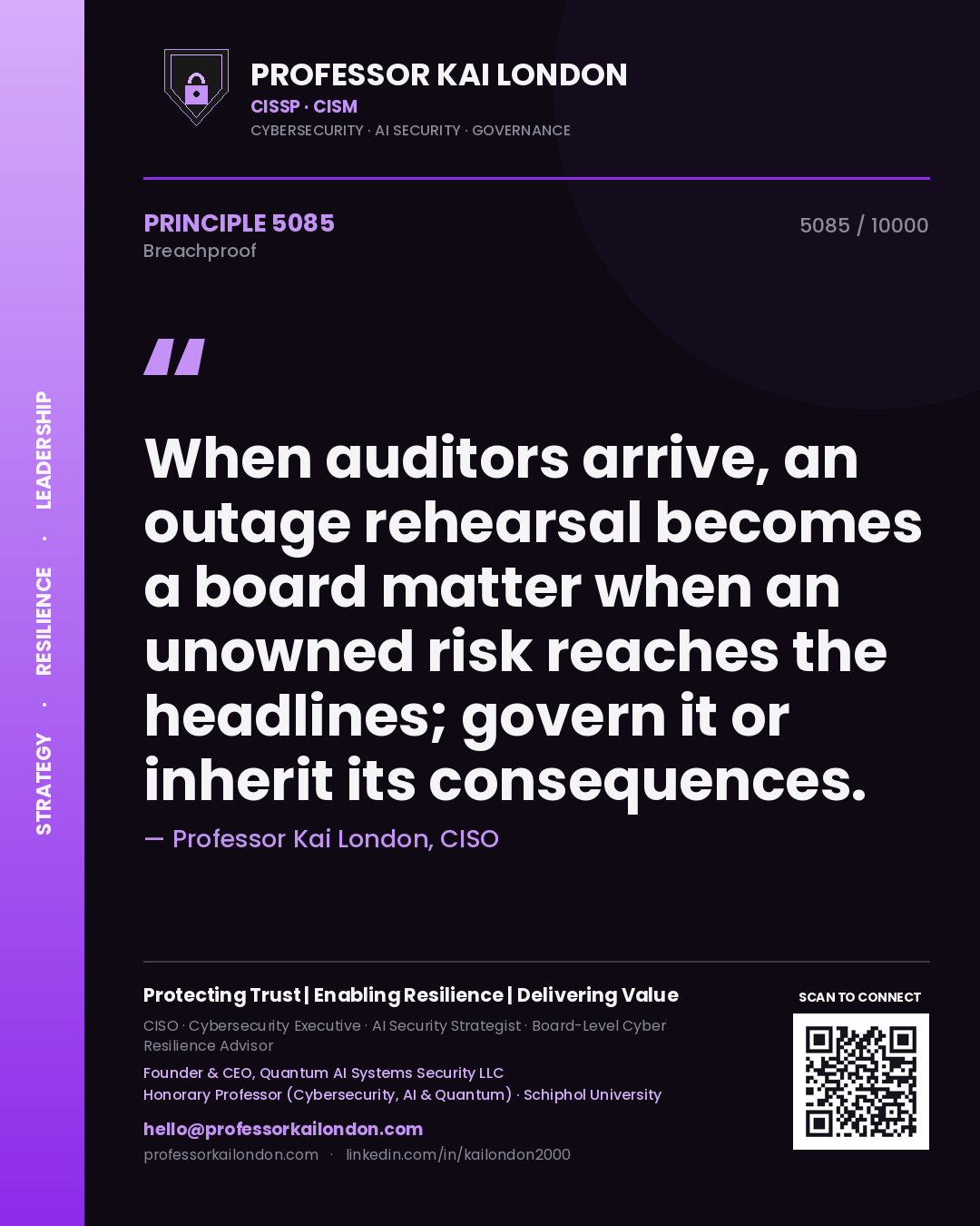 Quote card by Professor Kai London reading 'When auditors arrive, an outage rehearsal becomes a board matter when an unowned risk reaches the headlines; govern it or inherit its consequences.'. From the book Breachproof.