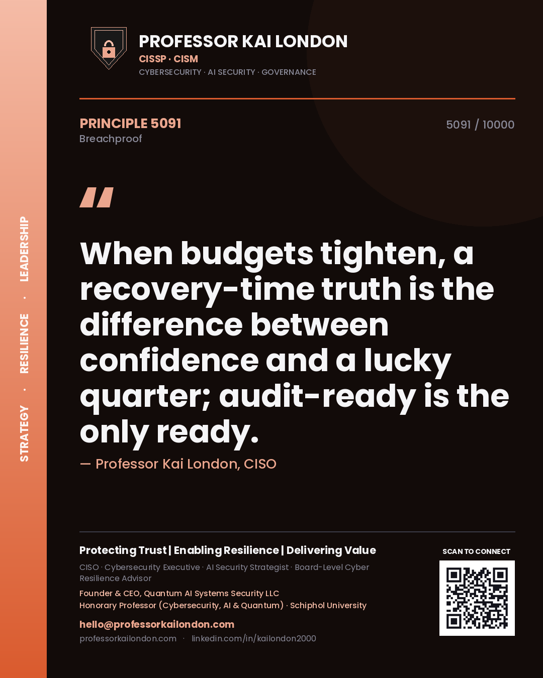 Quote card by Professor Kai London reading 'When budgets tighten, a recovery-time truth is the difference between confidence and a lucky quarter; audit-ready is the only ready.'. From the book Breachproof.