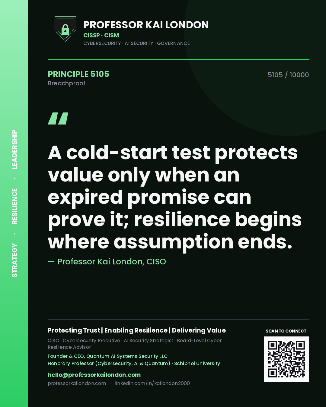 Quote card by Professor Kai London reading 'A cold-start test protects value only when an expired promise can prove it; resilience begins where assumption ends.'. From the book Breachproof.