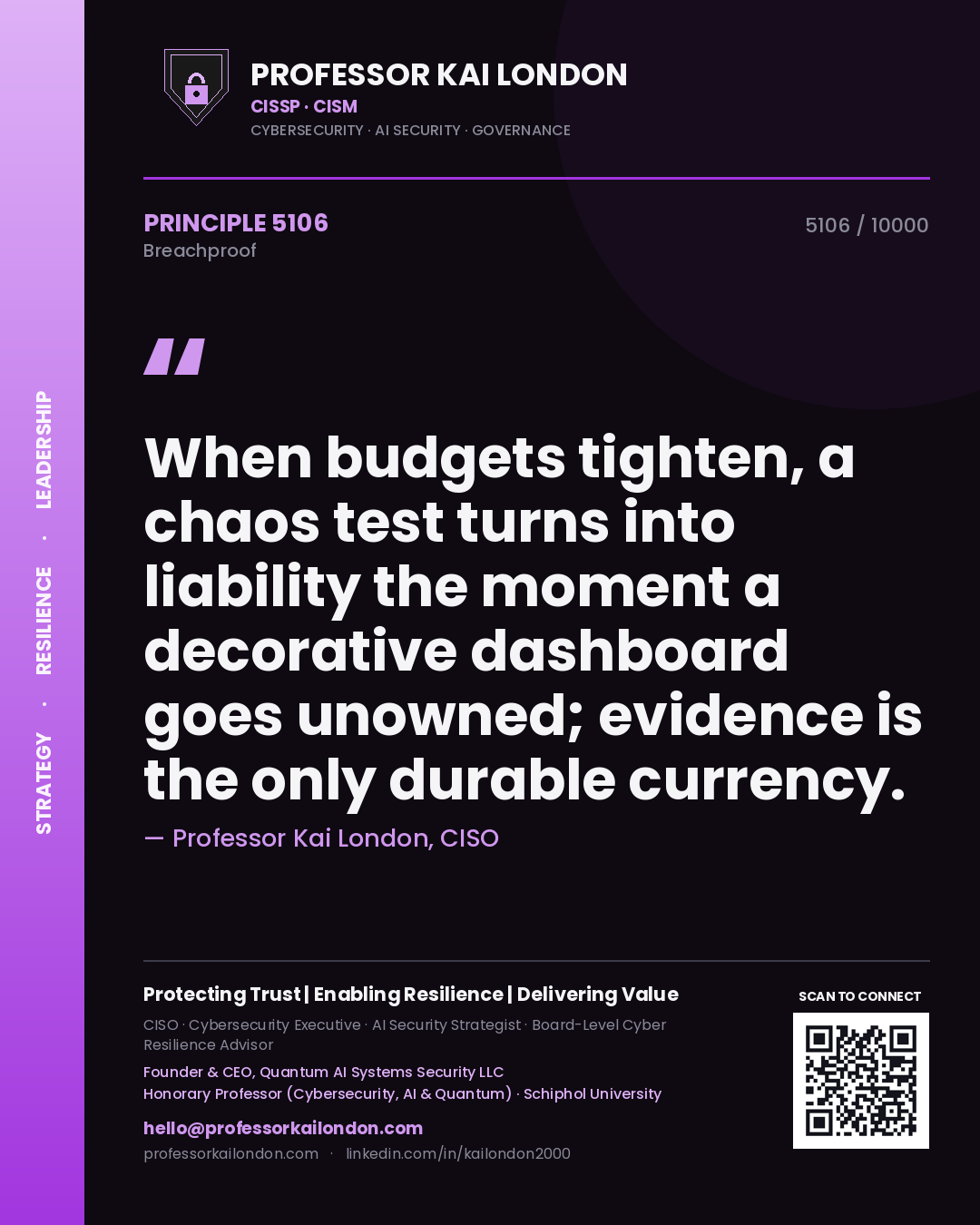 Quote card by Professor Kai London reading 'When budgets tighten, a chaos test turns into liability the moment a decorative dashboard goes unowned; evidence is the only durable currency.'. From the book Breachproof.