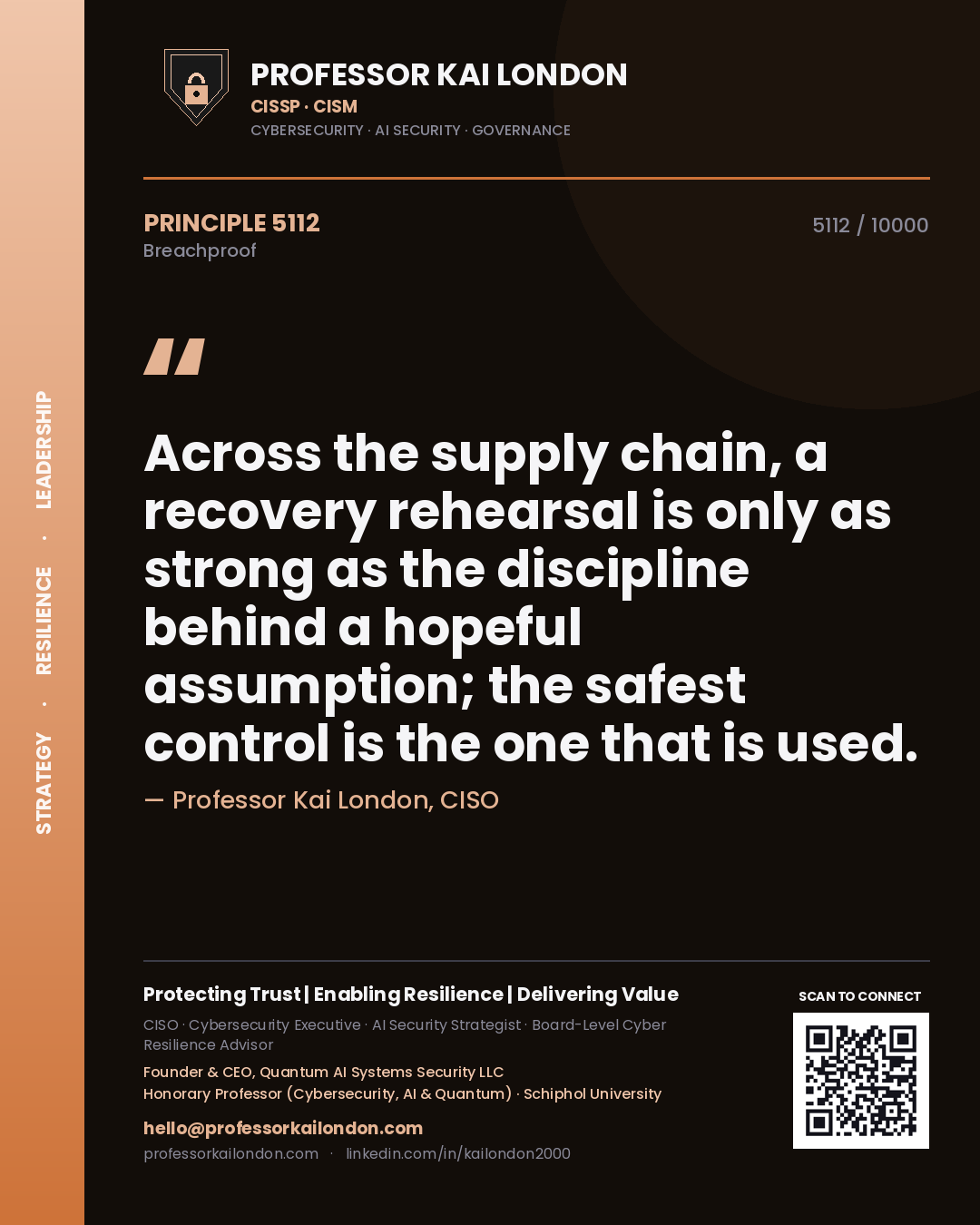 Quote card by Professor Kai London reading 'Across the supply chain, a recovery rehearsal is only as strong as the discipline behind a hopeful assumption; the safest control is the one that is used.'. From the book Breachproof.