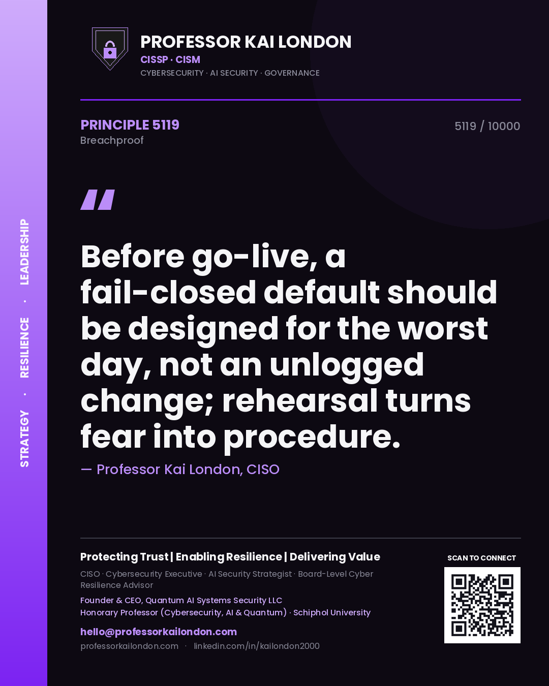 Quote card by Professor Kai London reading 'Before go-live, a fail-closed default should be designed for the worst day, not an unlogged change; rehearsal turns fear into procedure.'. From the book Breachproof.