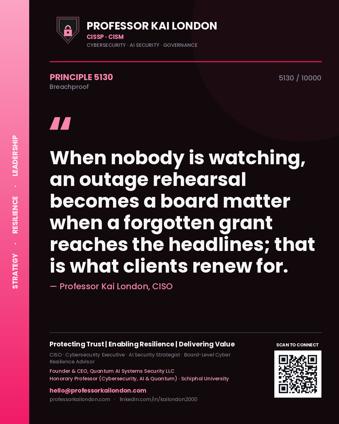 Quote card by Professor Kai London reading 'When nobody is watching, an outage rehearsal becomes a board matter when a forgotten grant reaches the headlines; that is what clients renew for.'. From the book Breachproof.