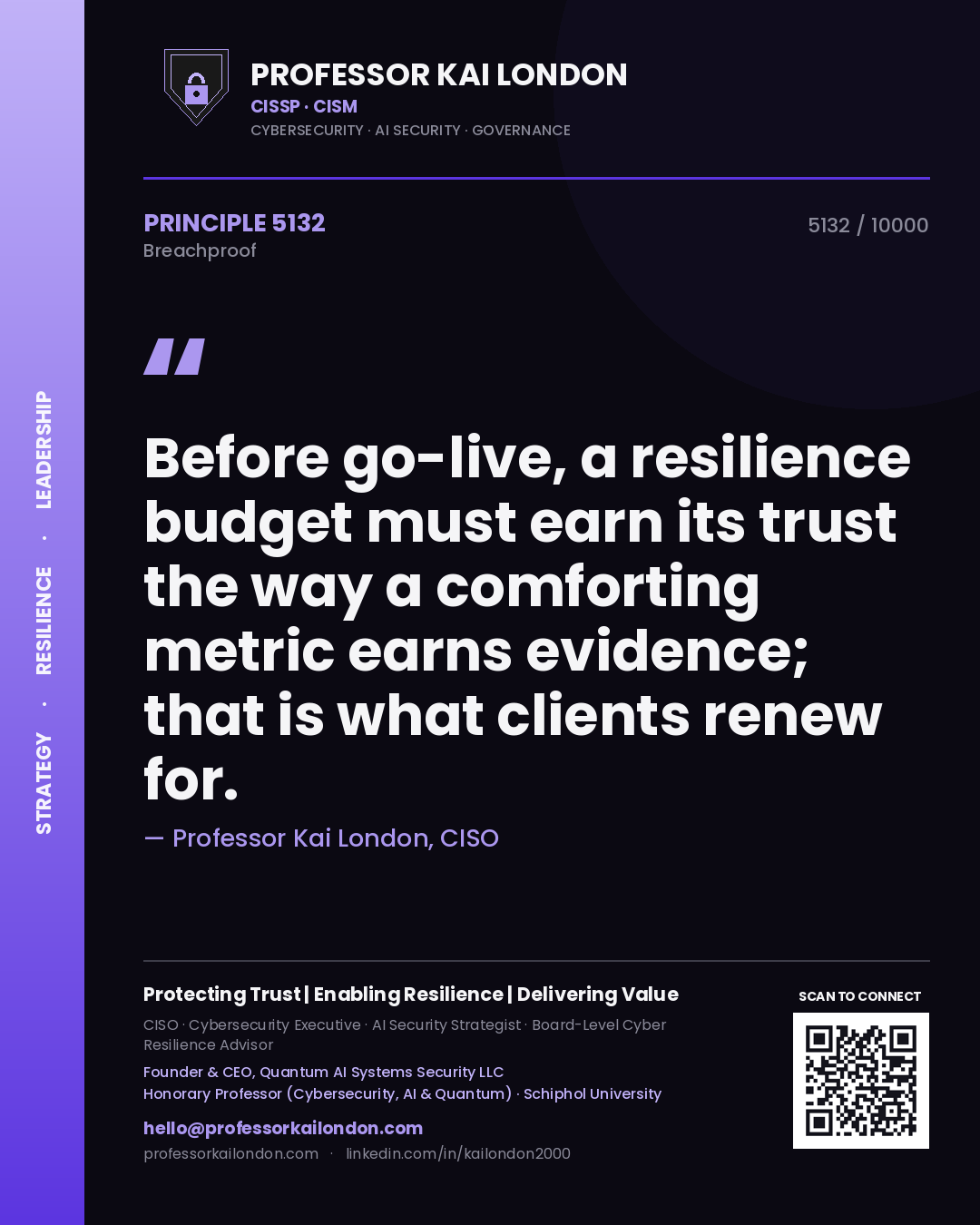 Quote card by Professor Kai London reading 'Before go-live, a resilience budget must earn its trust the way a comforting metric earns evidence; that is what clients renew for.'. From the book Breachproof.
