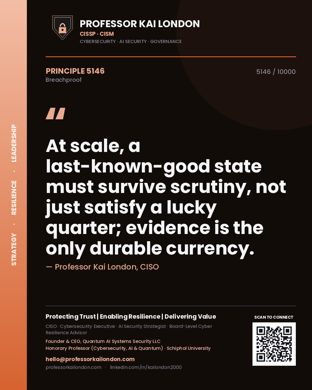Professor Kai London principle 5146: At scale, a last-known-good state must survive scrutiny, not just satisfy a lucky quarter; evidence is the only durable currency.