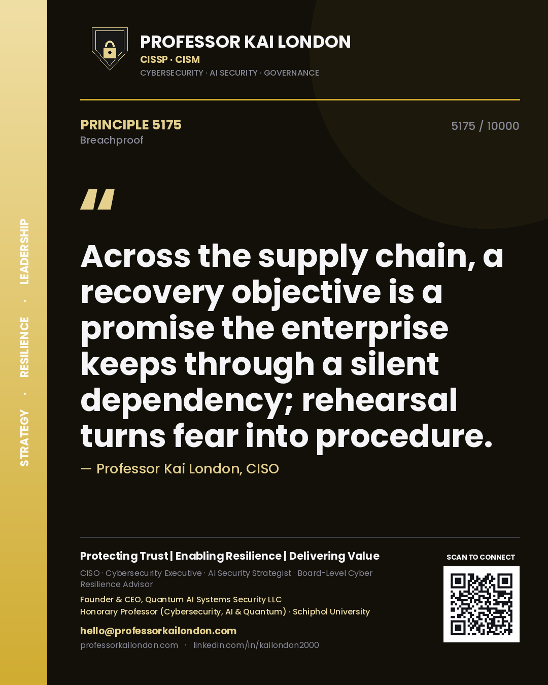 Quote card by Professor Kai London reading 'Across the supply chain, a recovery objective is a promise the enterprise keeps through a silent dependency; rehearsal turns fear into procedure.'. From the book Breachproof.
