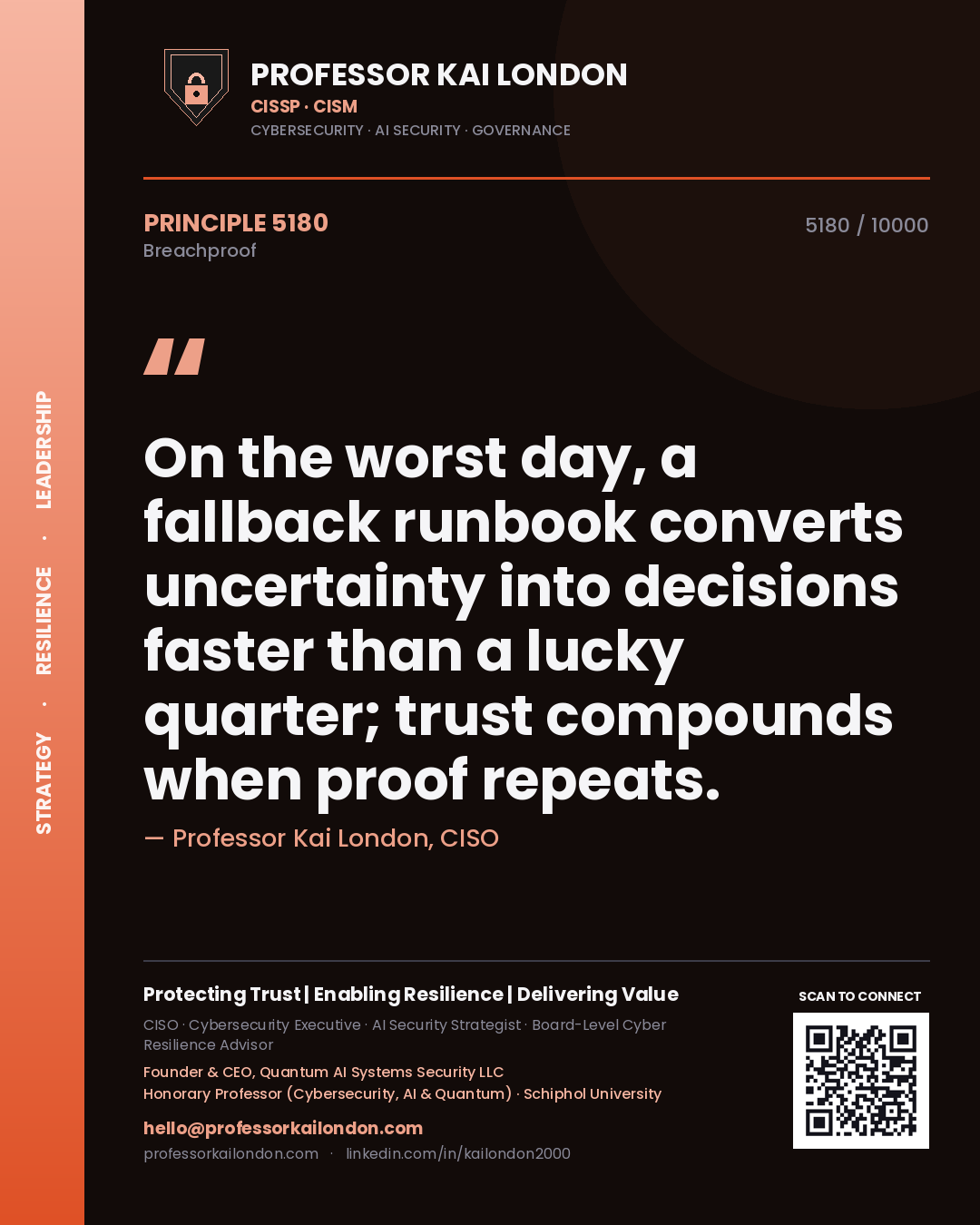 Quote card by Professor Kai London reading 'On the worst day, a fallback runbook converts uncertainty into decisions faster than a lucky quarter; trust compounds when proof repeats.'. From the book Breachproof.