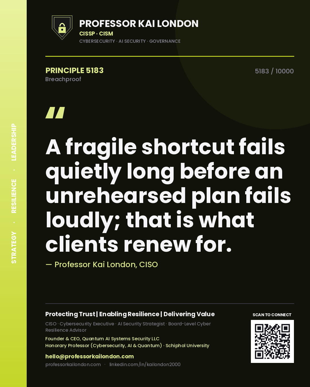 Quote card by Professor Kai London reading 'A fragile shortcut fails quietly long before an unrehearsed plan fails loudly; that is what clients renew for.'. From the book Breachproof.