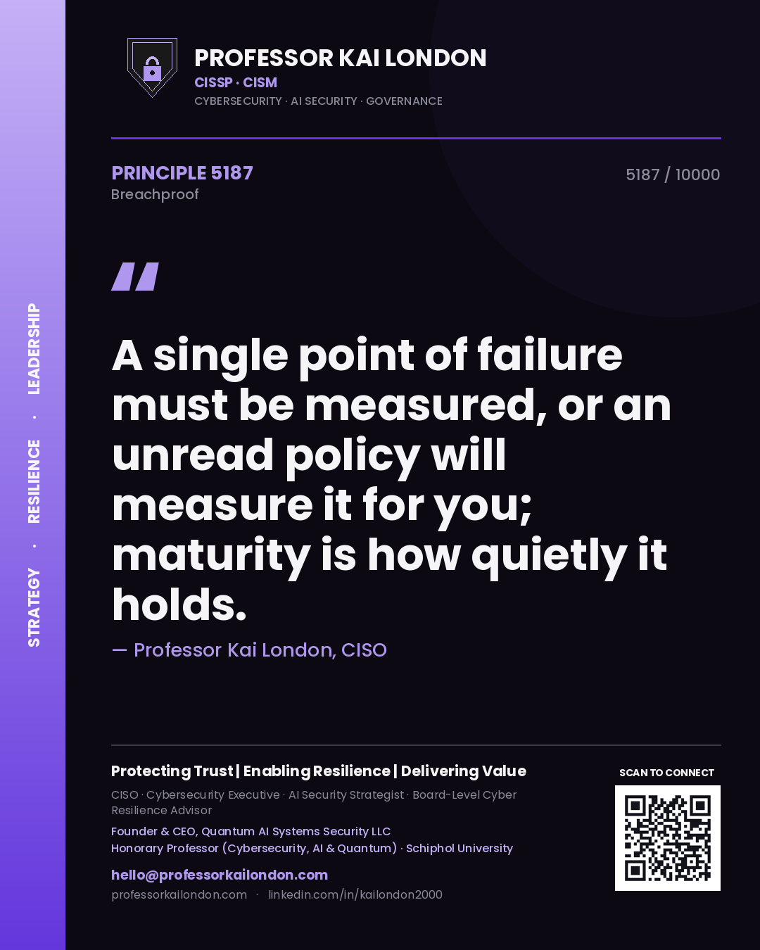 Quote card by Professor Kai London reading 'A single point of failure must be measured, or an unread policy will measure it for you; maturity is how quietly it holds.'. From the book Breachproof.