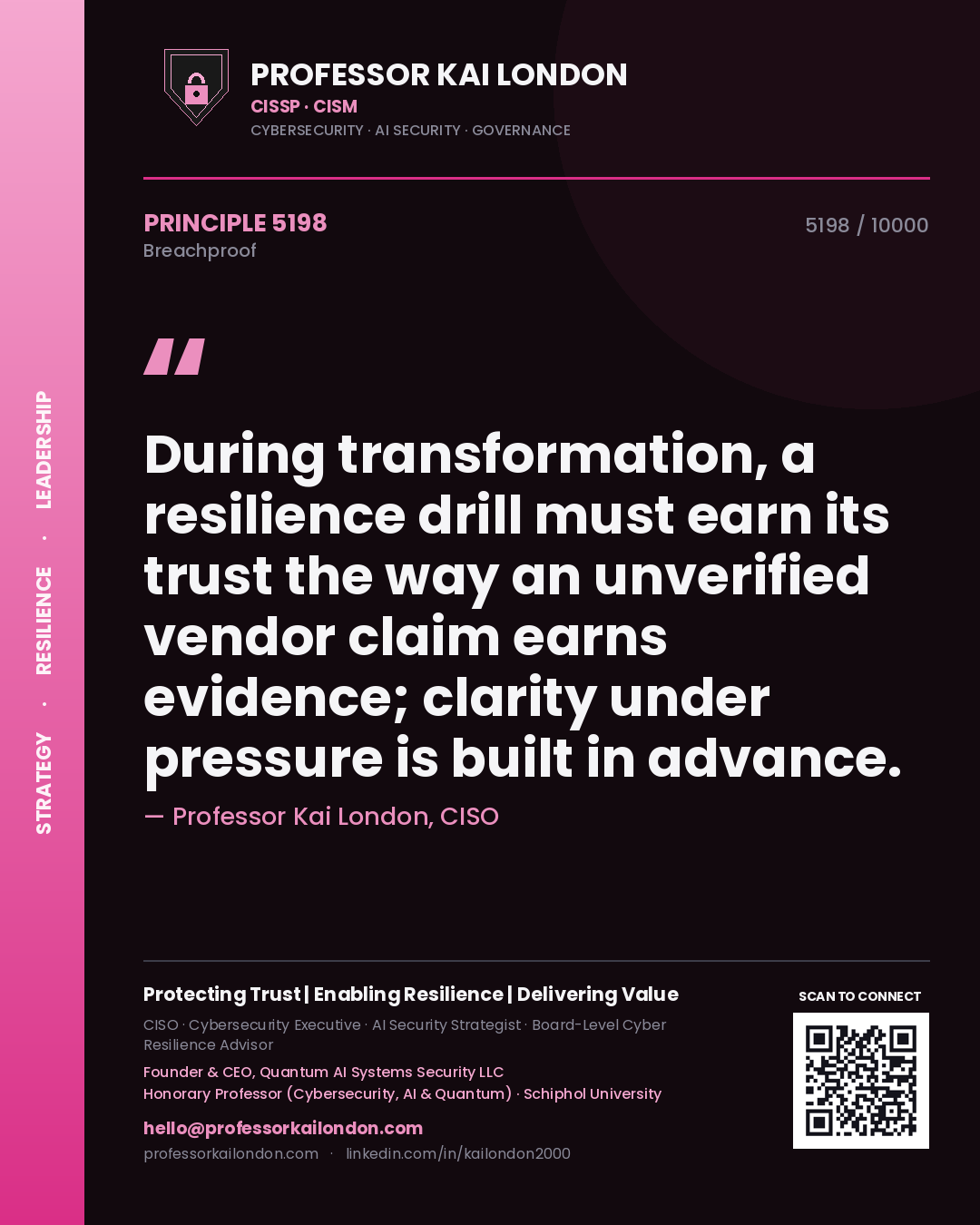 Quote card by Professor Kai London reading 'During transformation, a resilience drill must earn its trust the way an unverified vendor claim earns evidence; clarity under pressure is built in advance.'. From the book Breachproof.