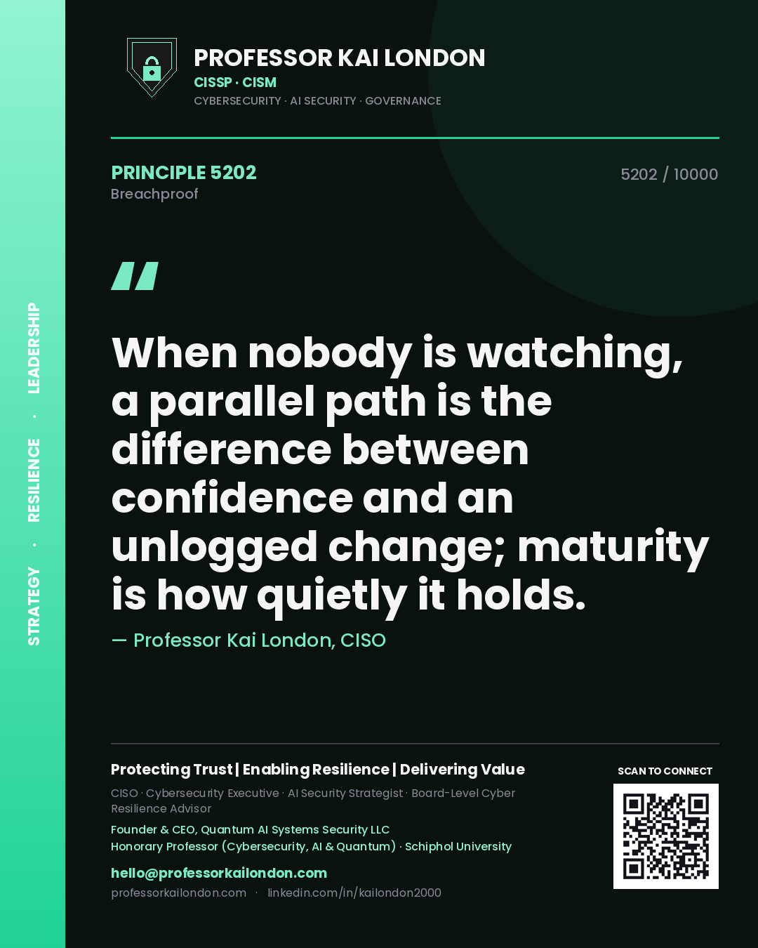 Quote card by Professor Kai London reading 'When nobody is watching, a parallel path is the difference between confidence and an unlogged change; maturity is how quietly it holds.'. From the book Breachproof.