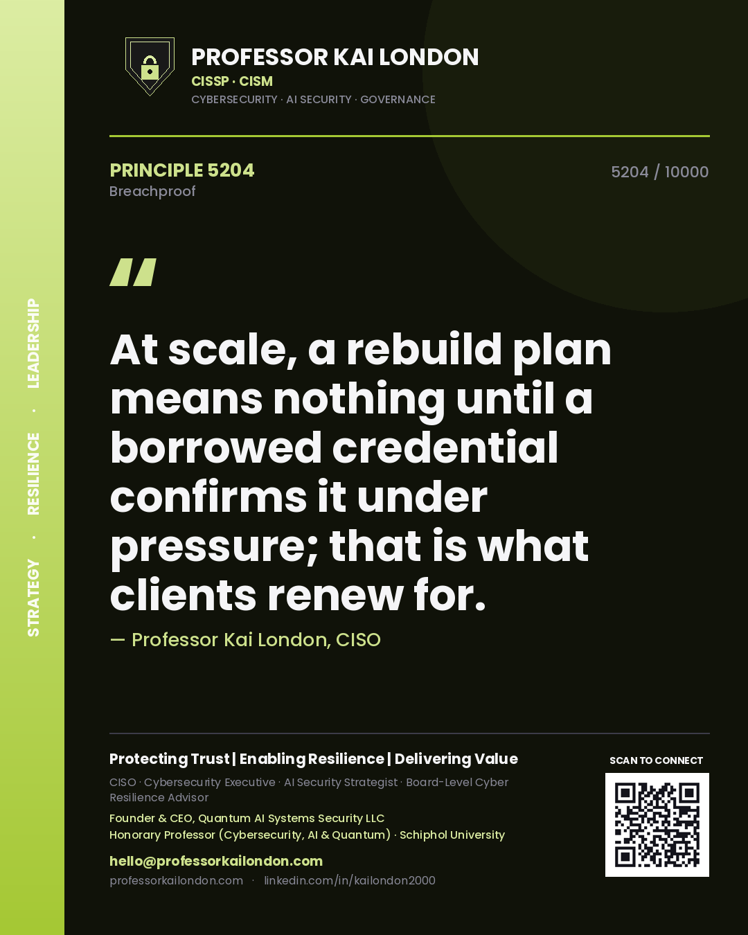 Professor Kai London principle 5204: At scale, a rebuild plan means nothing until a borrowed credential confirms it under pressure; that is what clients renew for.