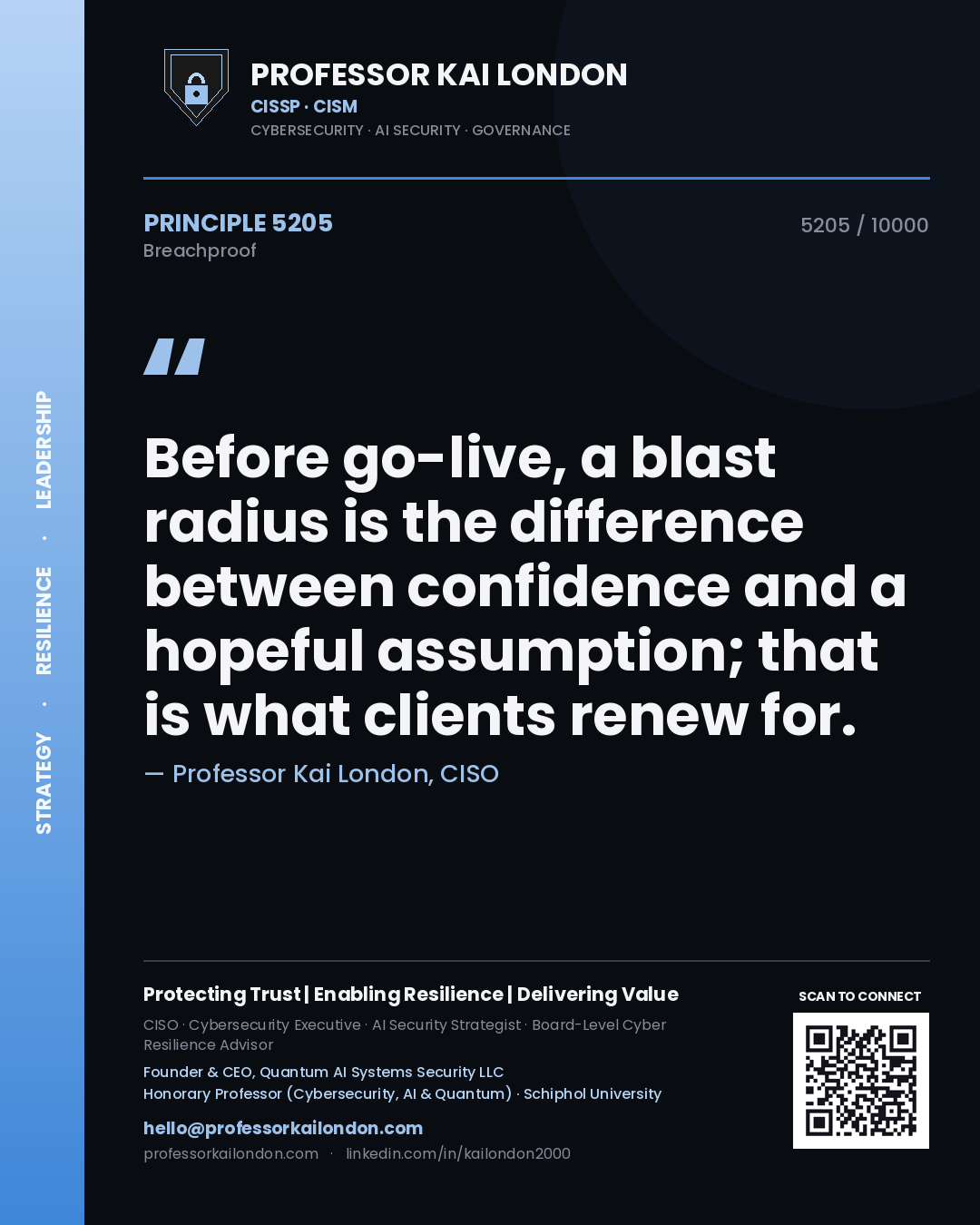 Quote card by Professor Kai London reading 'Before go-live, a blast radius is the difference between confidence and a hopeful assumption; that is what clients renew for.'. From the book Breachproof.