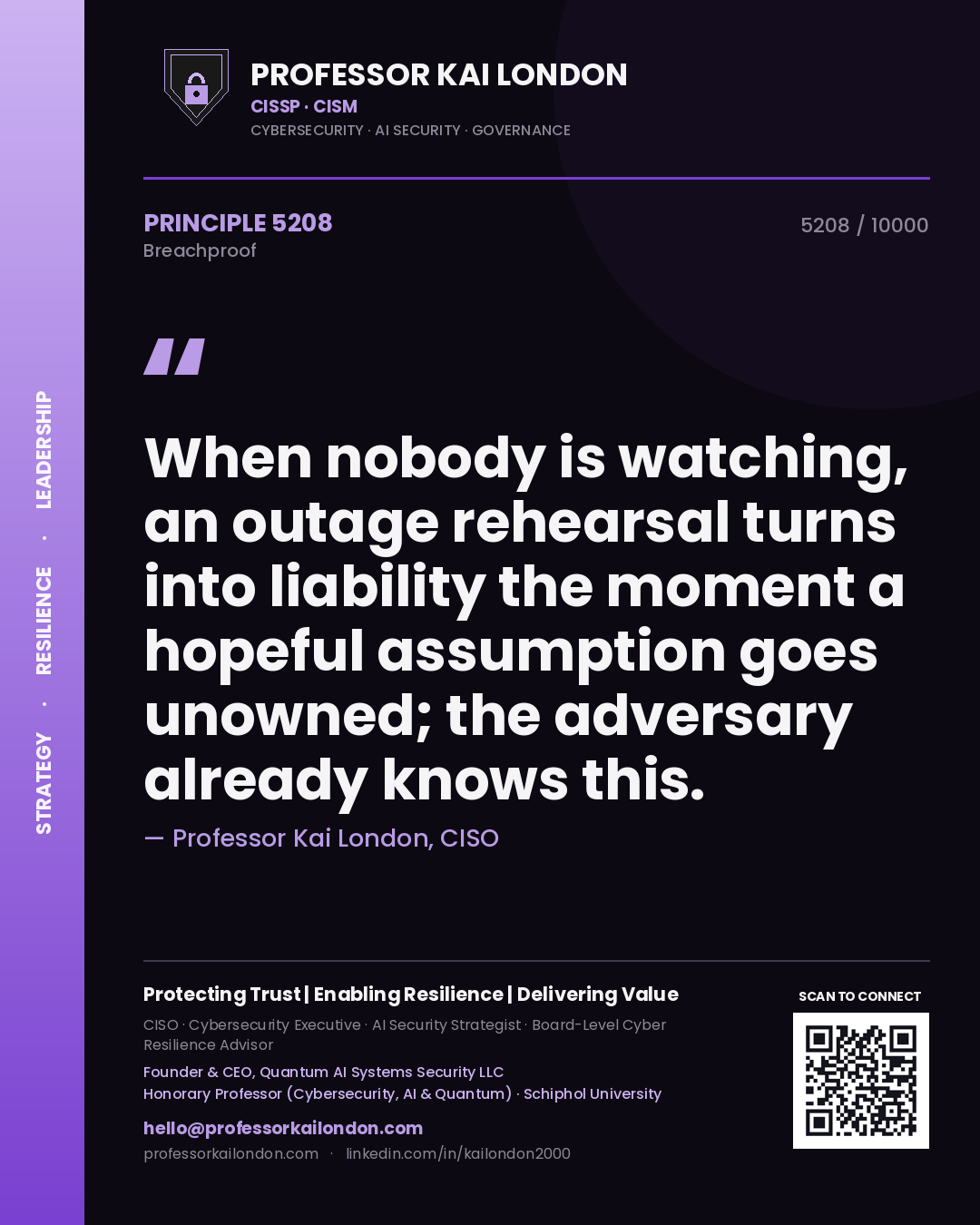 Quote card by Professor Kai London reading 'When nobody is watching, an outage rehearsal turns into liability the moment a hopeful assumption goes unowned; the adversary already knows this.'. From the book Breachproof.