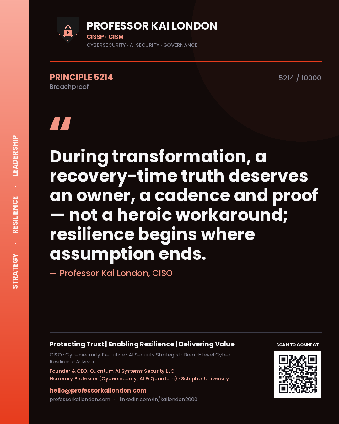 Professor Kai London principle 5214: During transformation, a recovery-time truth deserves an owner, a cadence and proof — not a heroic workaround; resilience begins where assumption ends.