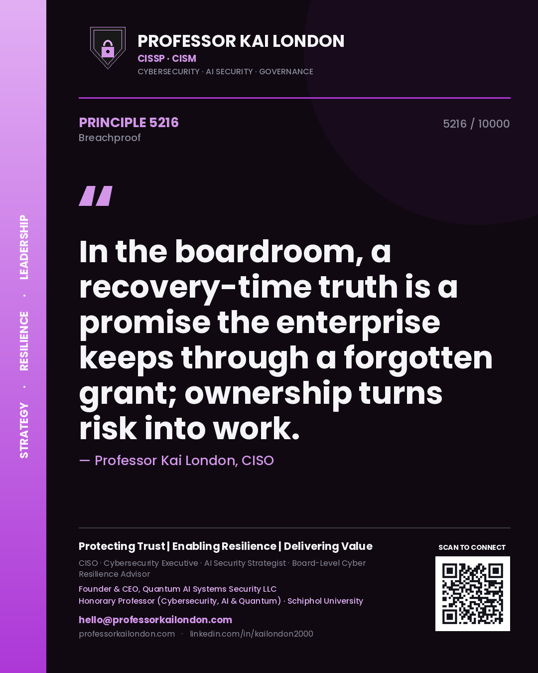 Quote card by Professor Kai London reading 'In the boardroom, a recovery-time truth is a promise the enterprise keeps through a forgotten grant; ownership turns risk into work.'. From the book Breachproof.