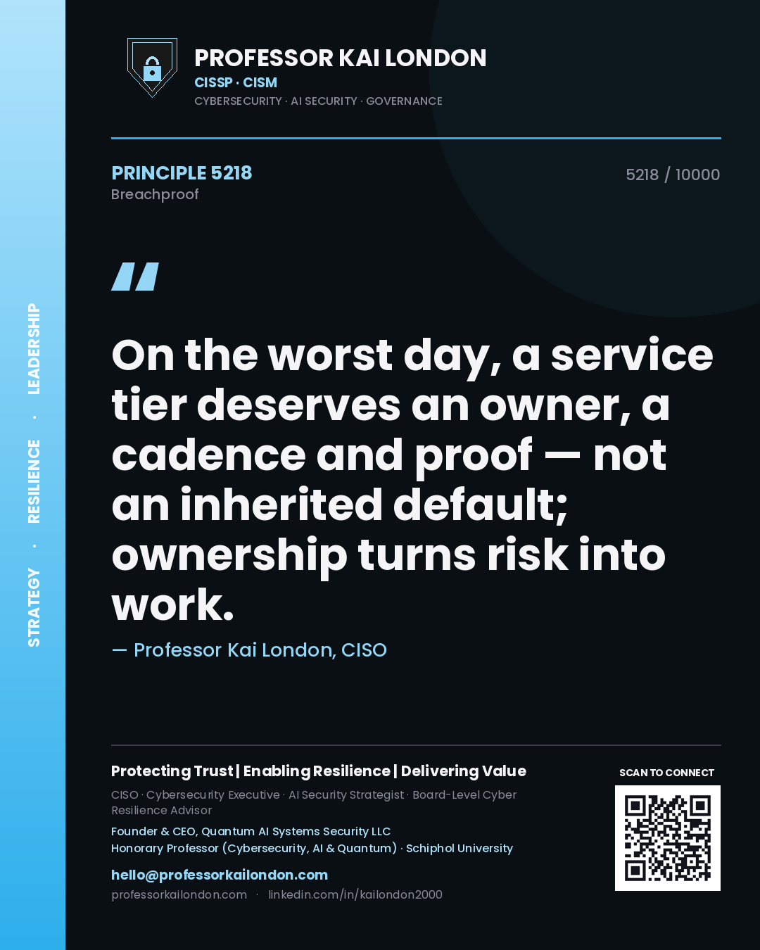 Quote card by Professor Kai London reading 'On the worst day, a service tier deserves an owner, a cadence and proof — not an inherited default; ownership turns risk into work.'. From the book Breachproof.