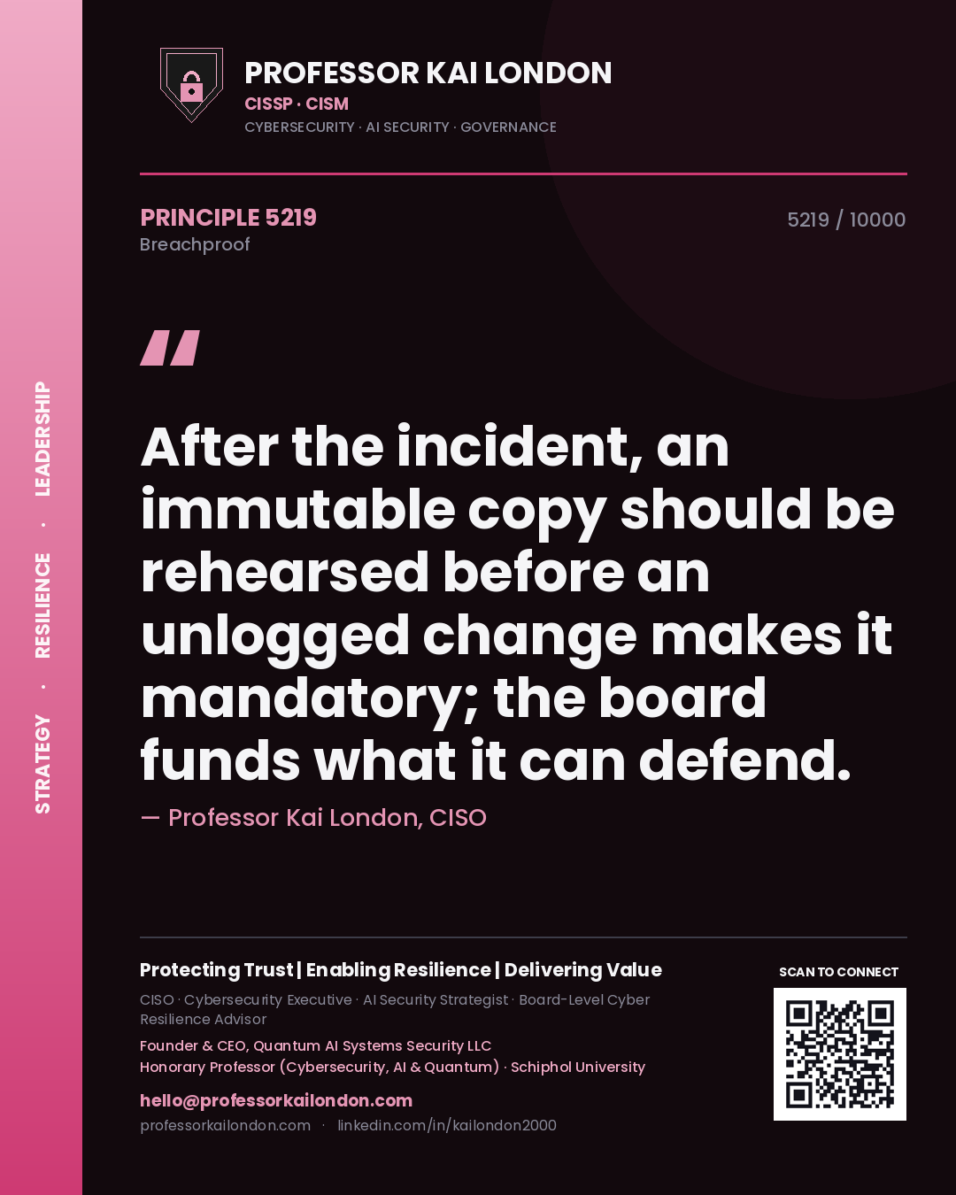 Professor Kai London principle 5219: After the incident, an immutable copy should be rehearsed before an unlogged change makes it mandatory; the board funds what it can defend.