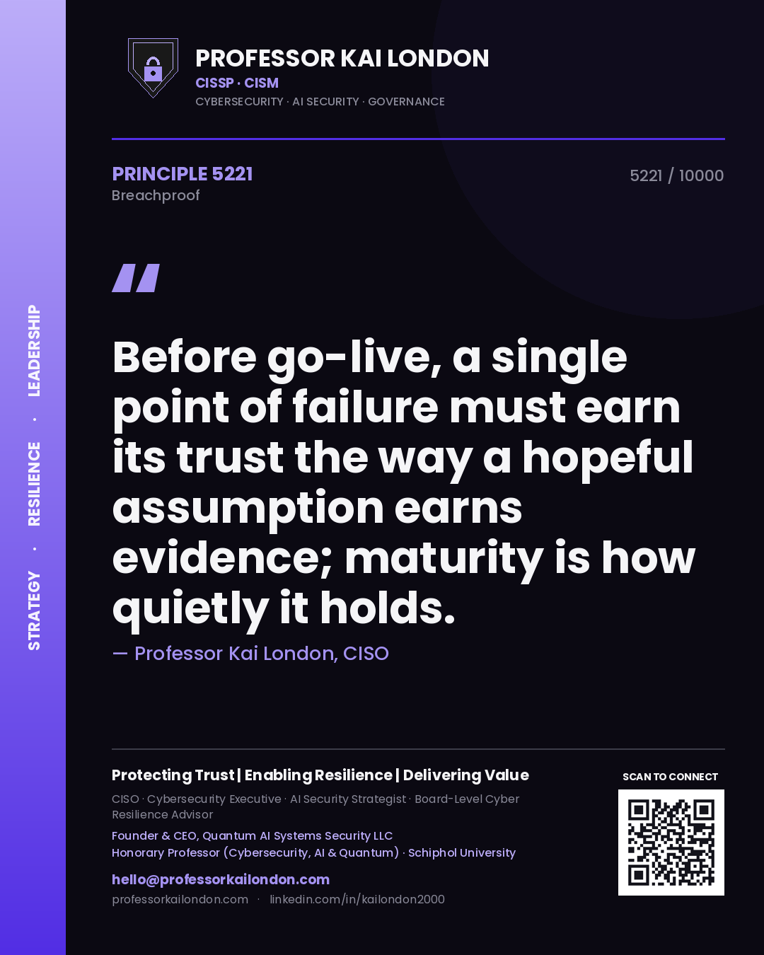 Professor Kai London principle 5221: Before go-live, a single point of failure must earn its trust the way a hopeful assumption earns evidence; maturity is how quietly it holds.