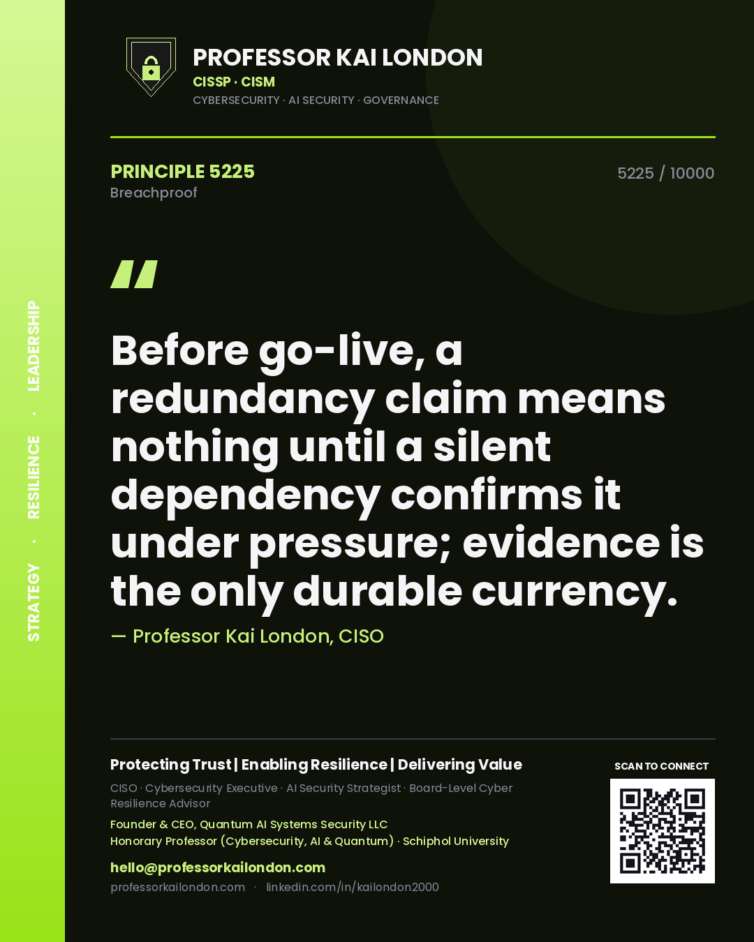 Professor Kai London principle 5225: Before go-live, a redundancy claim means nothing until a silent dependency confirms it under pressure; evidence is the only durable currency.