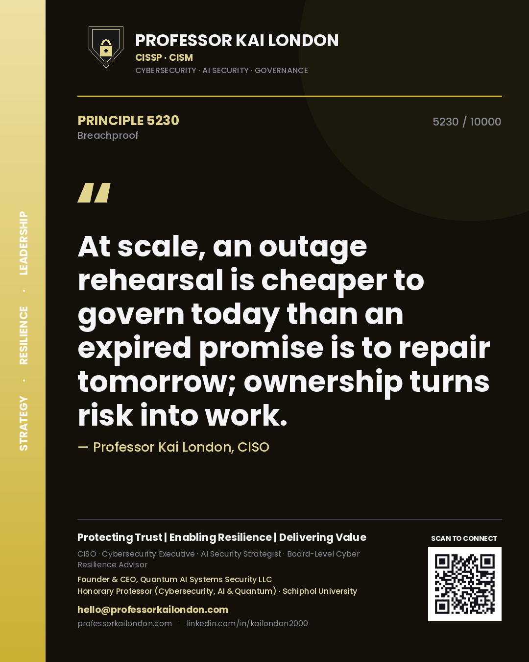 Quote card by Professor Kai London reading 'At scale, an outage rehearsal is cheaper to govern today than an expired promise is to repair tomorrow; ownership turns risk into work.'. From the book Breachproof.