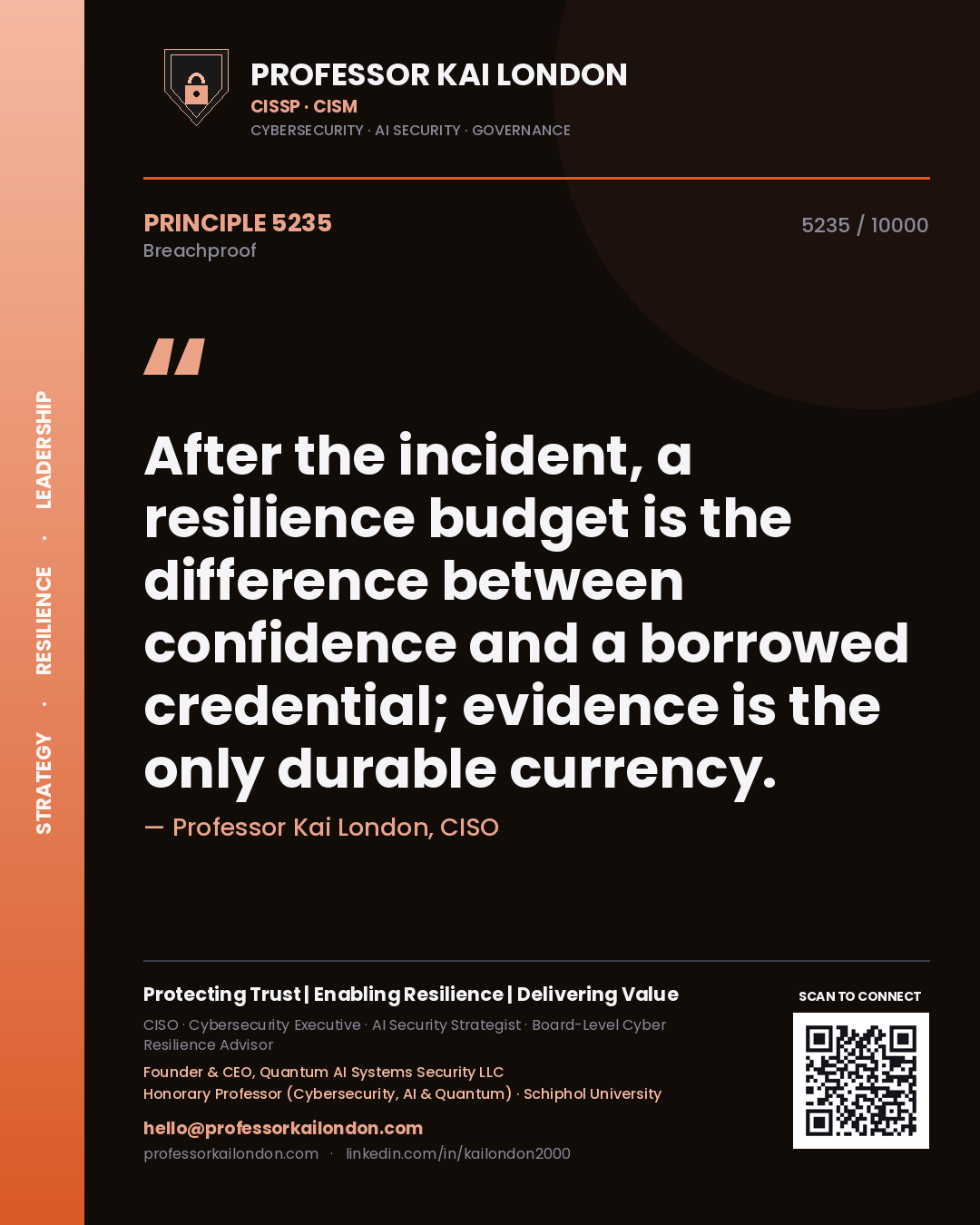 Quote card by Professor Kai London reading 'After the incident, a resilience budget is the difference between confidence and a borrowed credential; evidence is the only durable currency.'. From the book Breachproof.