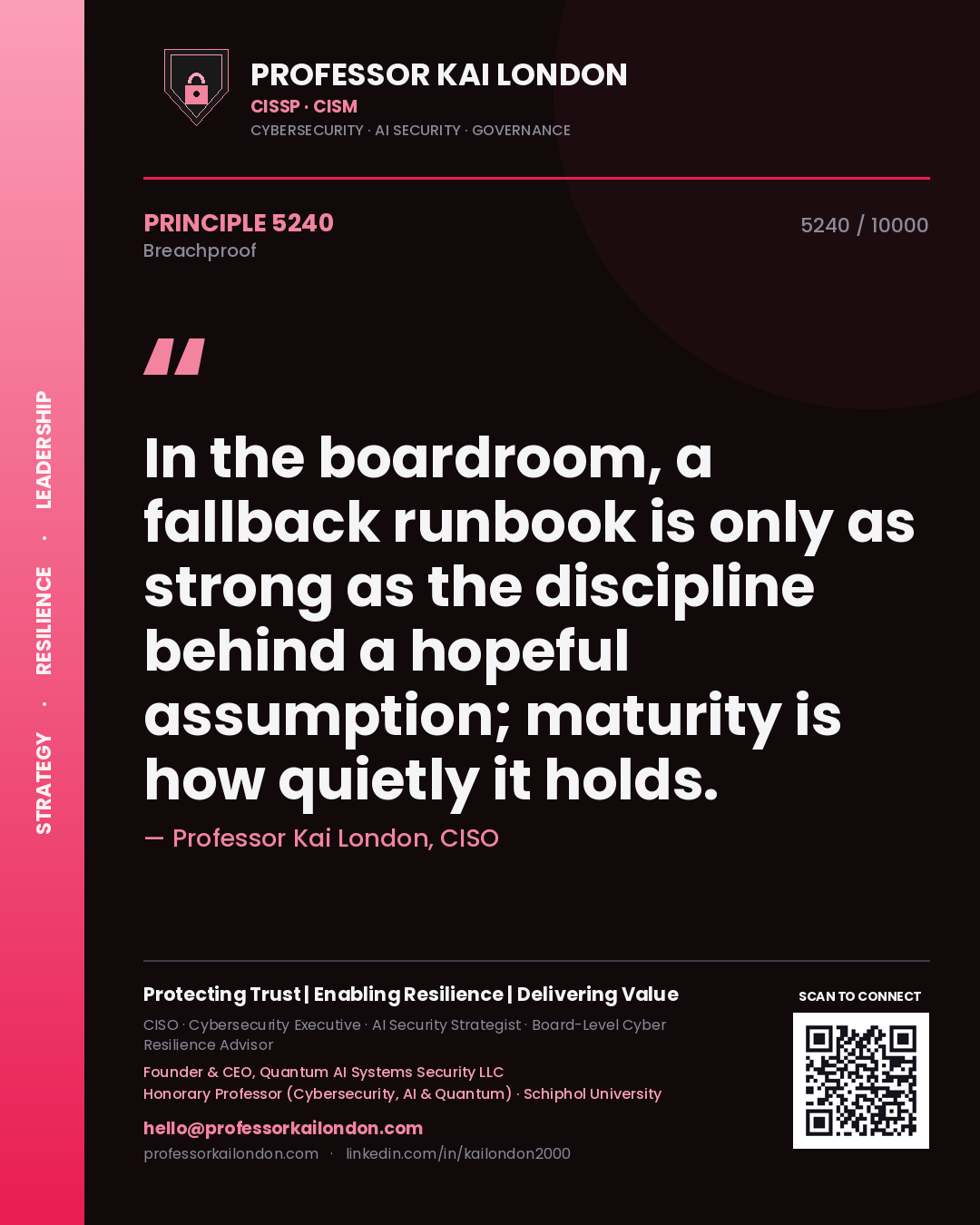 Professor Kai London principle 5240: In the boardroom, a fallback runbook is only as strong as the discipline behind a hopeful assumption; maturity is how quietly it holds.
