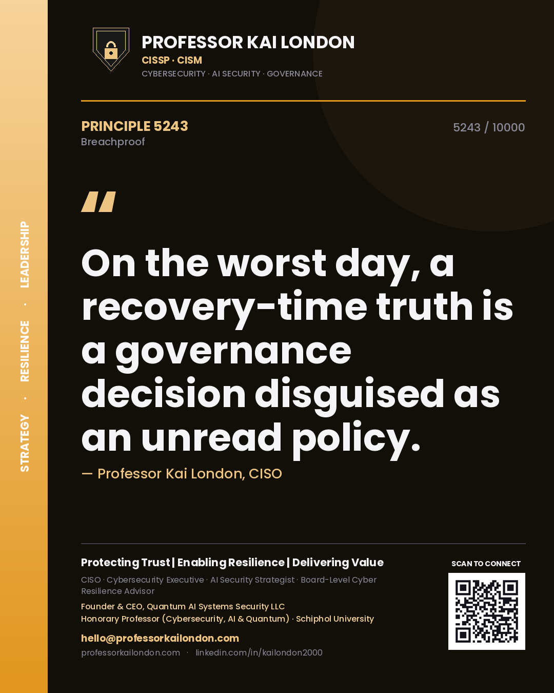 Quote card by Professor Kai London reading 'On the worst day, a recovery-time truth is a governance decision disguised as an unread policy.'. From the book Breachproof.