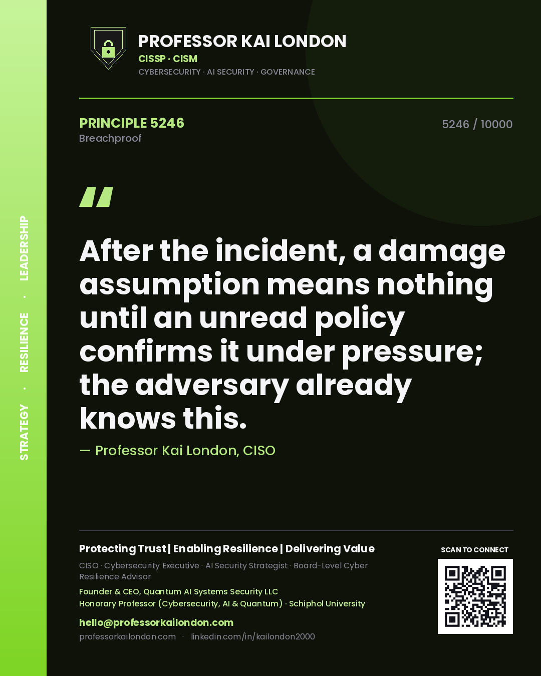 Professor Kai London principle 5246: After the incident, a damage assumption means nothing until an unread policy confirms it under pressure; the adversary already knows this.
