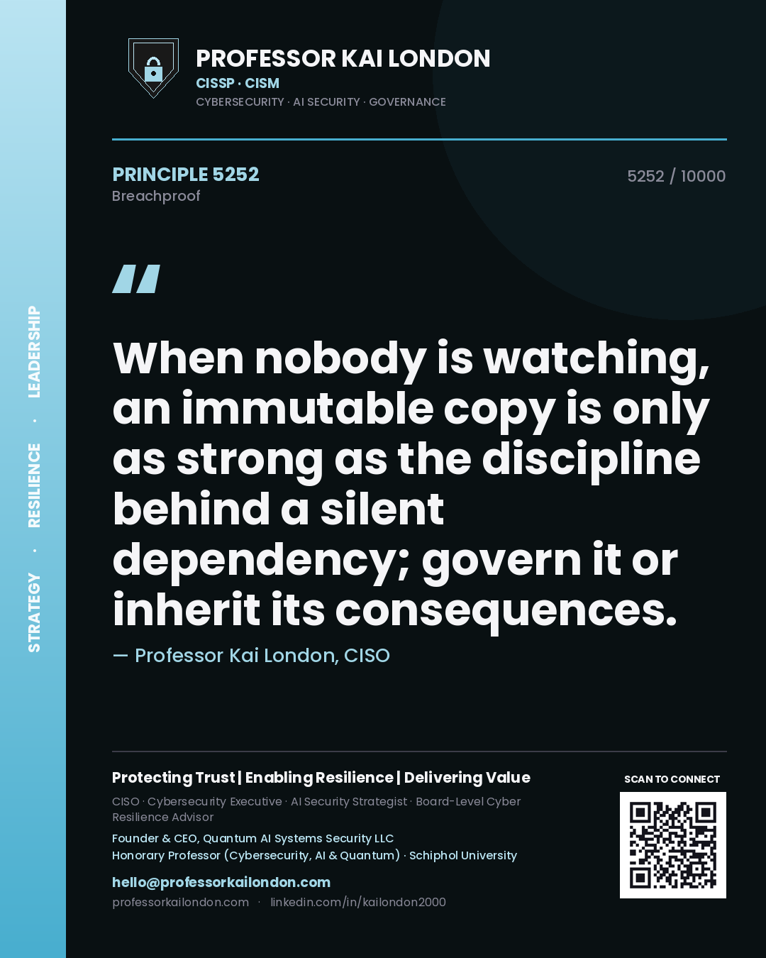Quote card by Professor Kai London reading 'When nobody is watching, an immutable copy is only as strong as the discipline behind a silent dependency; govern it or inherit its consequences.'. From the book Breachproof.