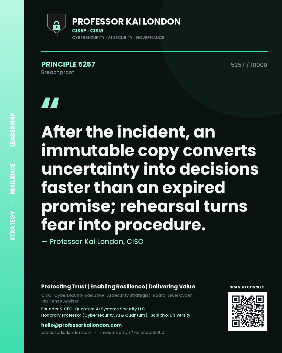 Quote card by Professor Kai London reading 'After the incident, an immutable copy converts uncertainty into decisions faster than an expired promise; rehearsal turns fear into procedure.'. From the book Breachproof.