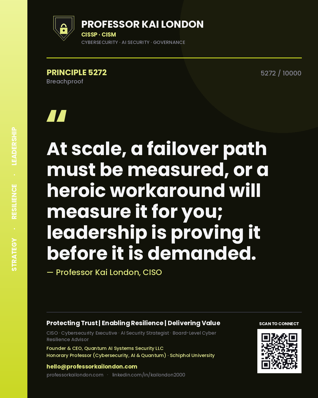 Professor Kai London principle 5272: At scale, a failover path must be measured, or a heroic workaround will measure it for you; leadership is proving it before it is demanded.