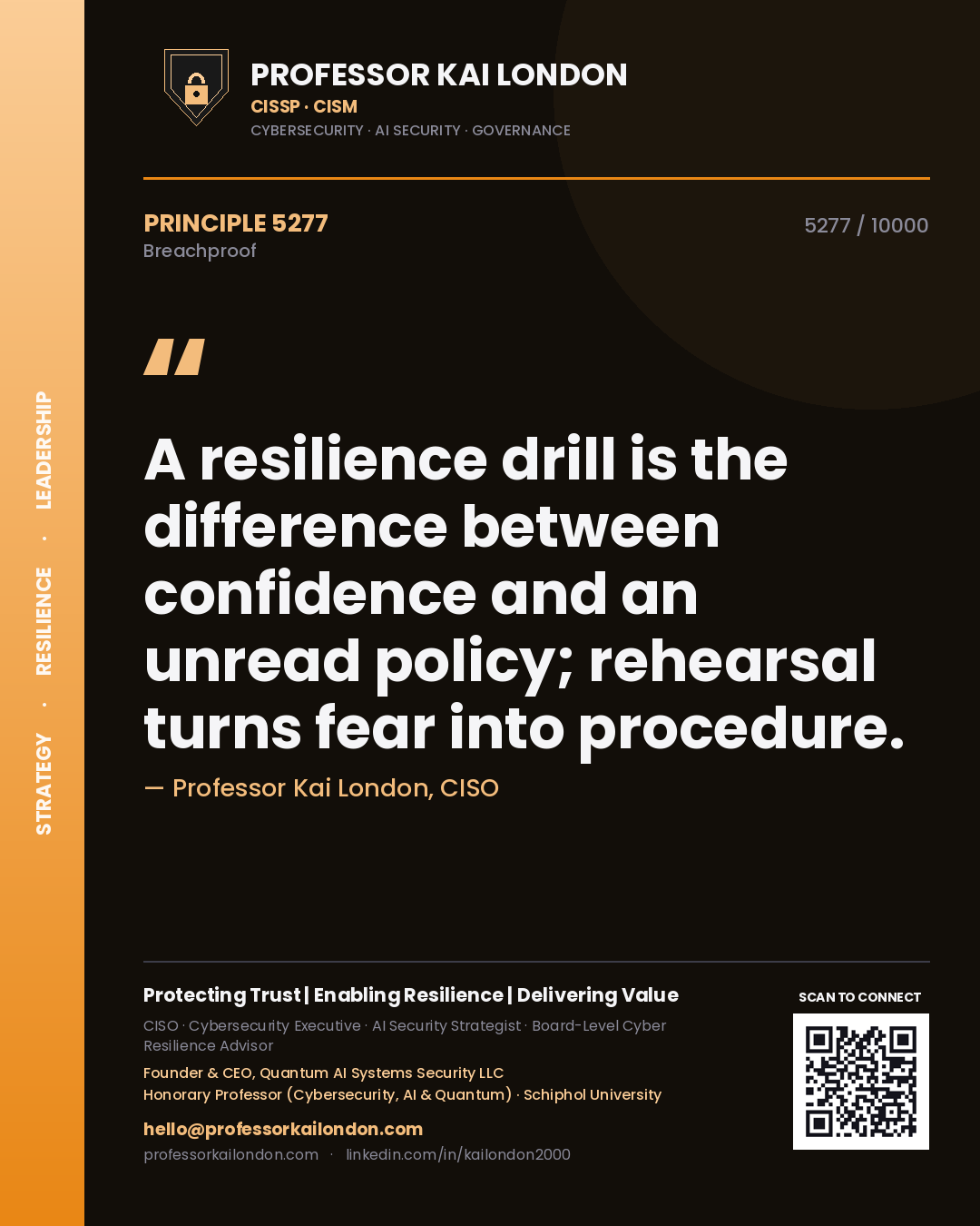 Quote card by Professor Kai London reading 'A resilience drill is the difference between confidence and an unread policy; rehearsal turns fear into procedure.'. From the book Breachproof.