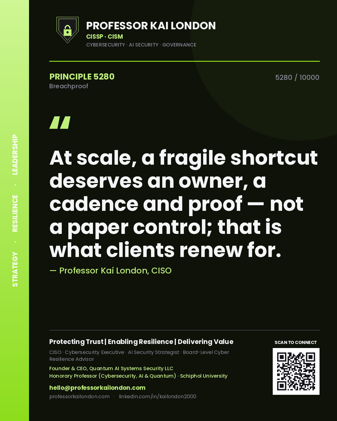 Quote card by Professor Kai London reading 'At scale, a fragile shortcut deserves an owner, a cadence and proof — not a paper control; that is what clients renew for.'. From the book Breachproof.