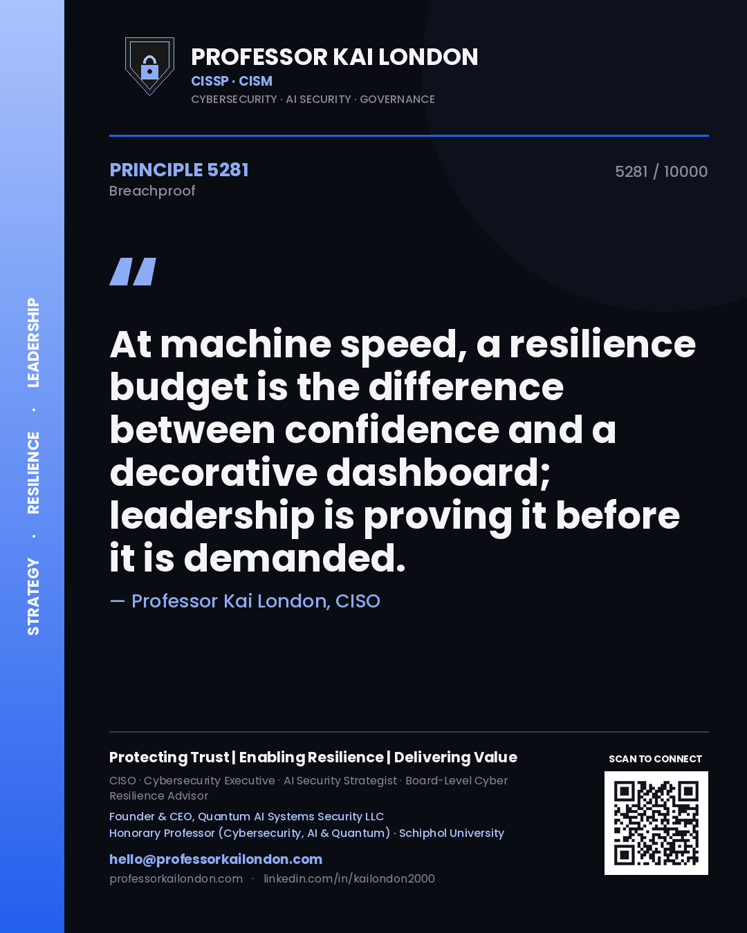Professor Kai London principle 5281: At machine speed, a resilience budget is the difference between confidence and a decorative dashboard; leadership is proving it before it is demanded.