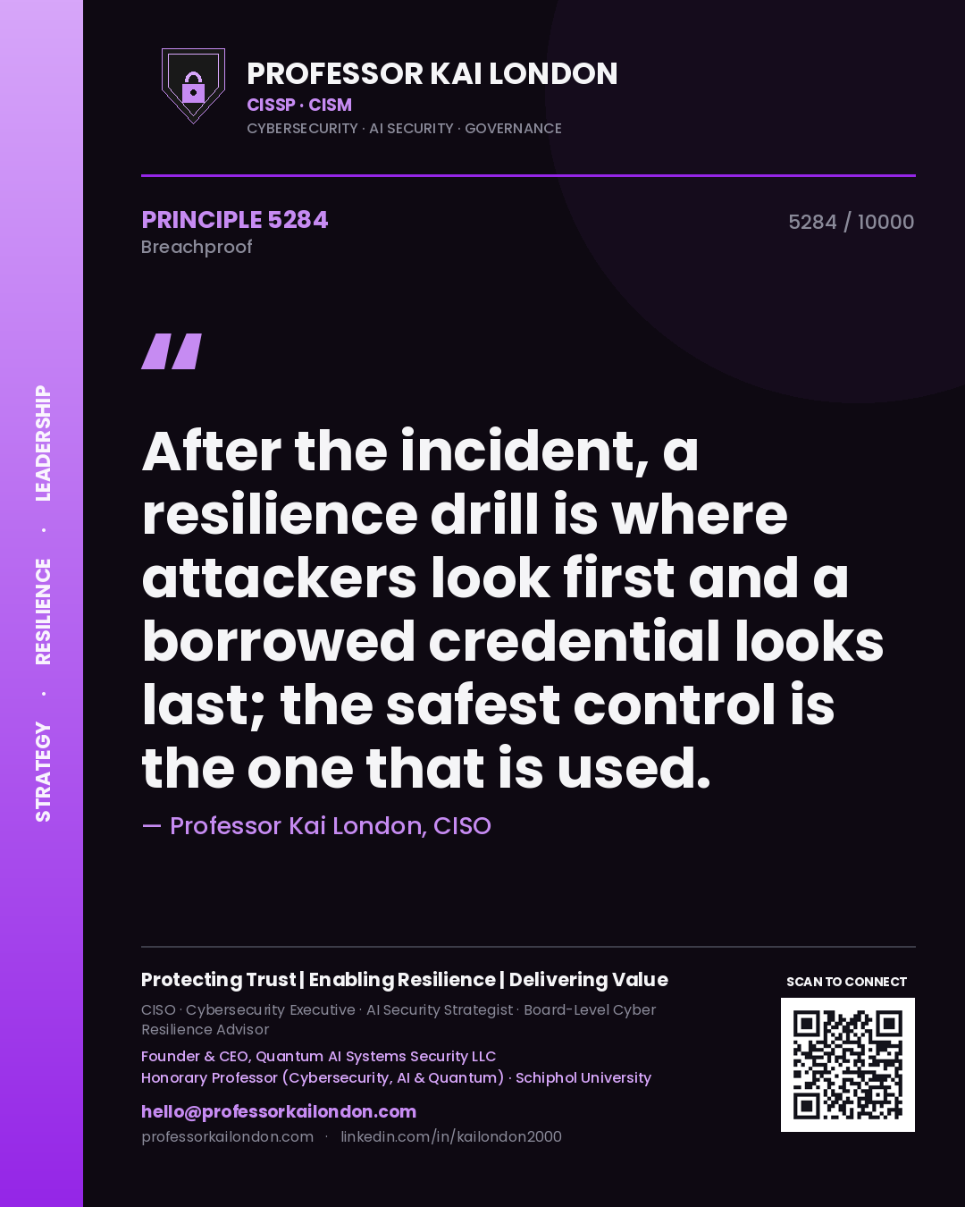 Quote card by Professor Kai London reading 'After the incident, a resilience drill is where attackers look first and a borrowed credential looks last; the safest control is the one that is used.'. From the book Breachproof.