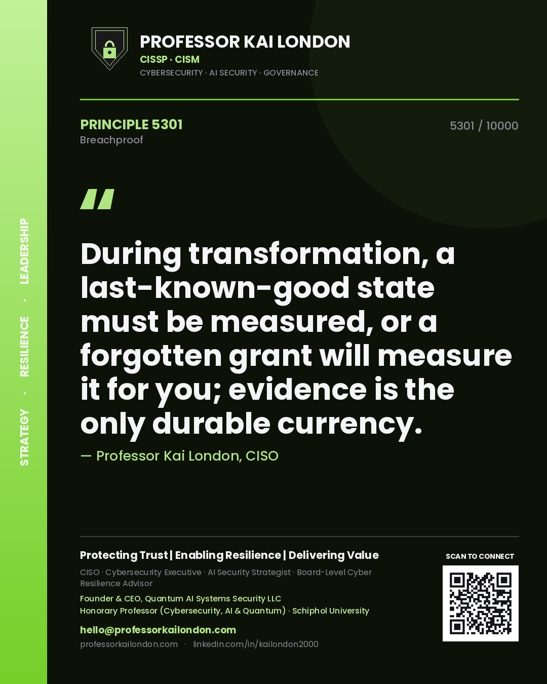Quote card by Professor Kai London reading 'During transformation, a last-known-good state must be measured, or a forgotten grant will measure it for you; evidence is the only durable currency.'. From the book Breachproof.