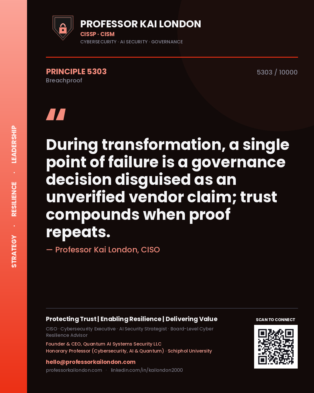 Professor Kai London principle 5303: During transformation, a single point of failure is a governance decision disguised as an unverified vendor claim; trust compounds when proof repeats.