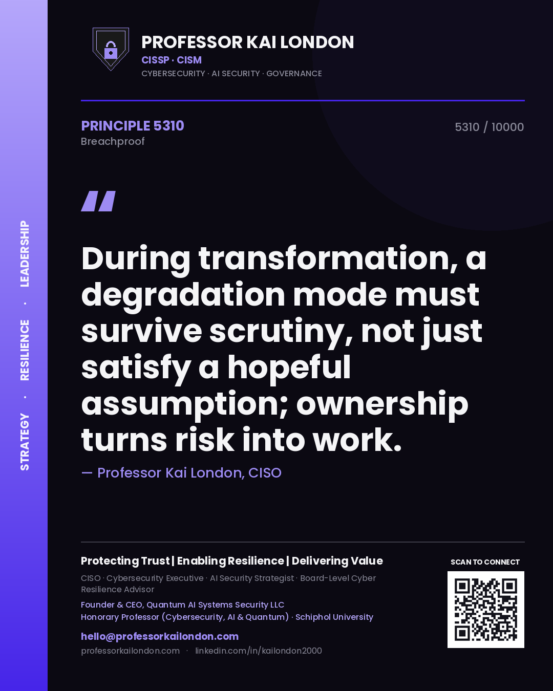 Quote card by Professor Kai London reading 'During transformation, a degradation mode must survive scrutiny, not just satisfy a hopeful assumption; ownership turns risk into work.'. From the book Breachproof.
