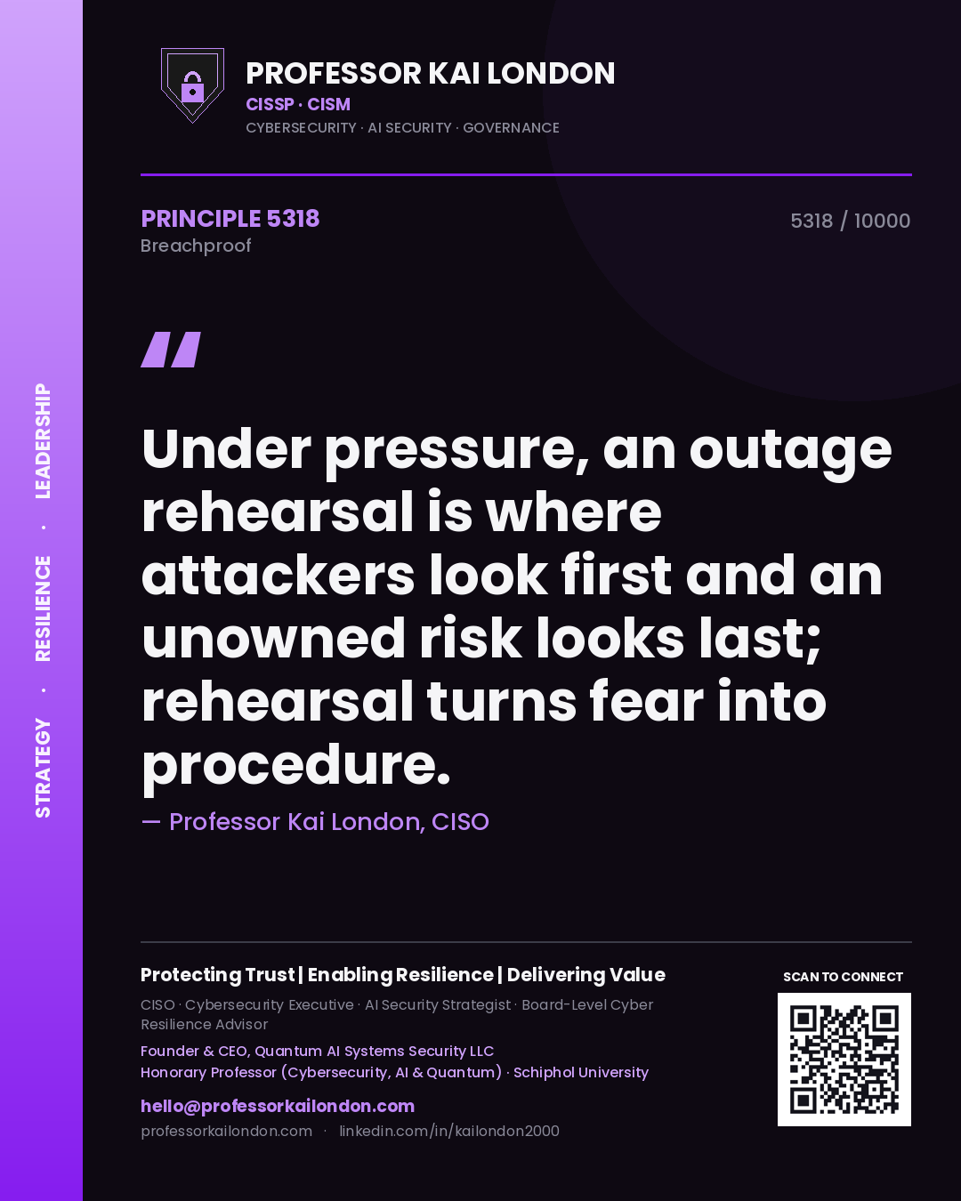 Professor Kai London principle 5318: Under pressure, an outage rehearsal is where attackers look first and an unowned risk looks last; rehearsal turns fear into procedure.
