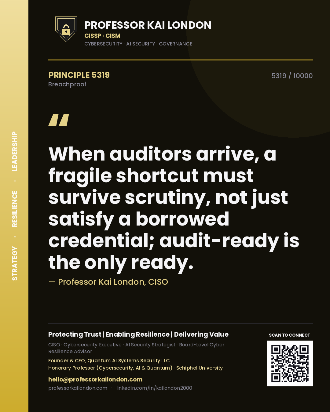 Quote card by Professor Kai London reading 'When auditors arrive, a fragile shortcut must survive scrutiny, not just satisfy a borrowed credential; audit-ready is the only ready.'. From the book Breachproof.