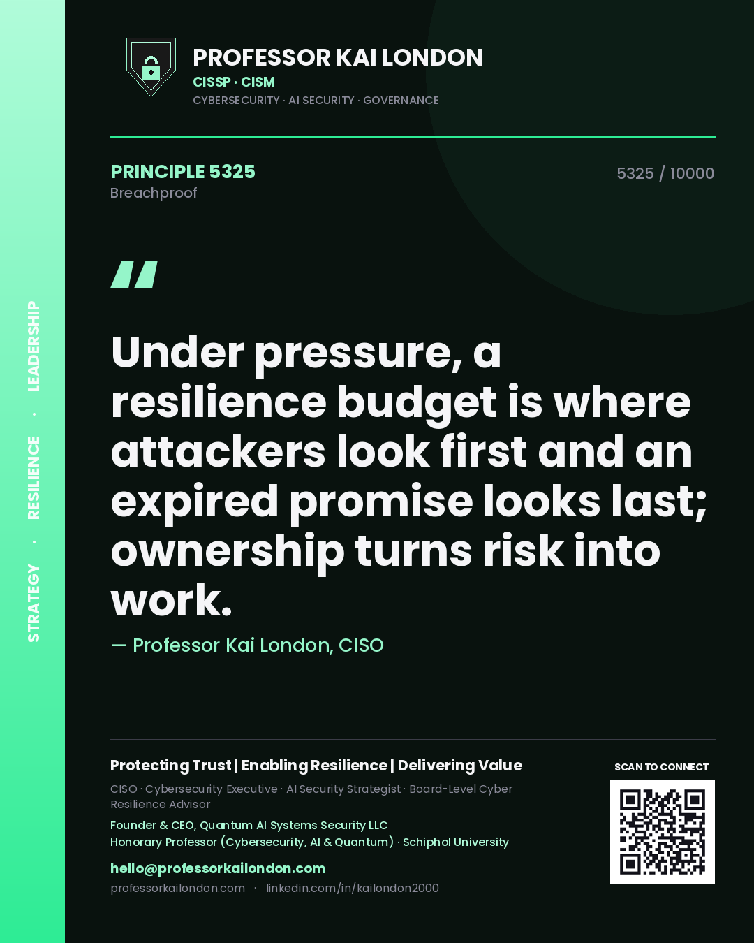 Quote card by Professor Kai London reading 'Under pressure, a resilience budget is where attackers look first and an expired promise looks last; ownership turns risk into work.'. From the book Breachproof.